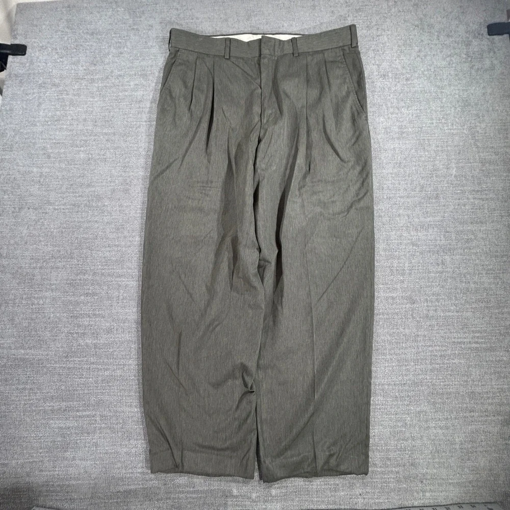 Unbranded Pleated Dress Pants Mens 37x27 Olive Green Gray Excellent Relaxed Fit‎